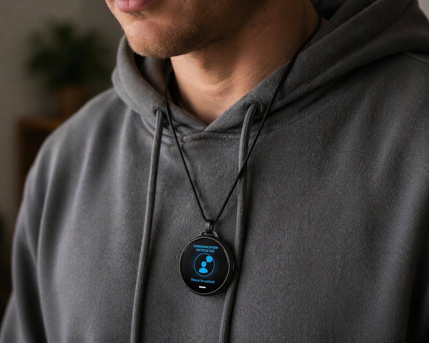 HelpBadge worn on a lanyard